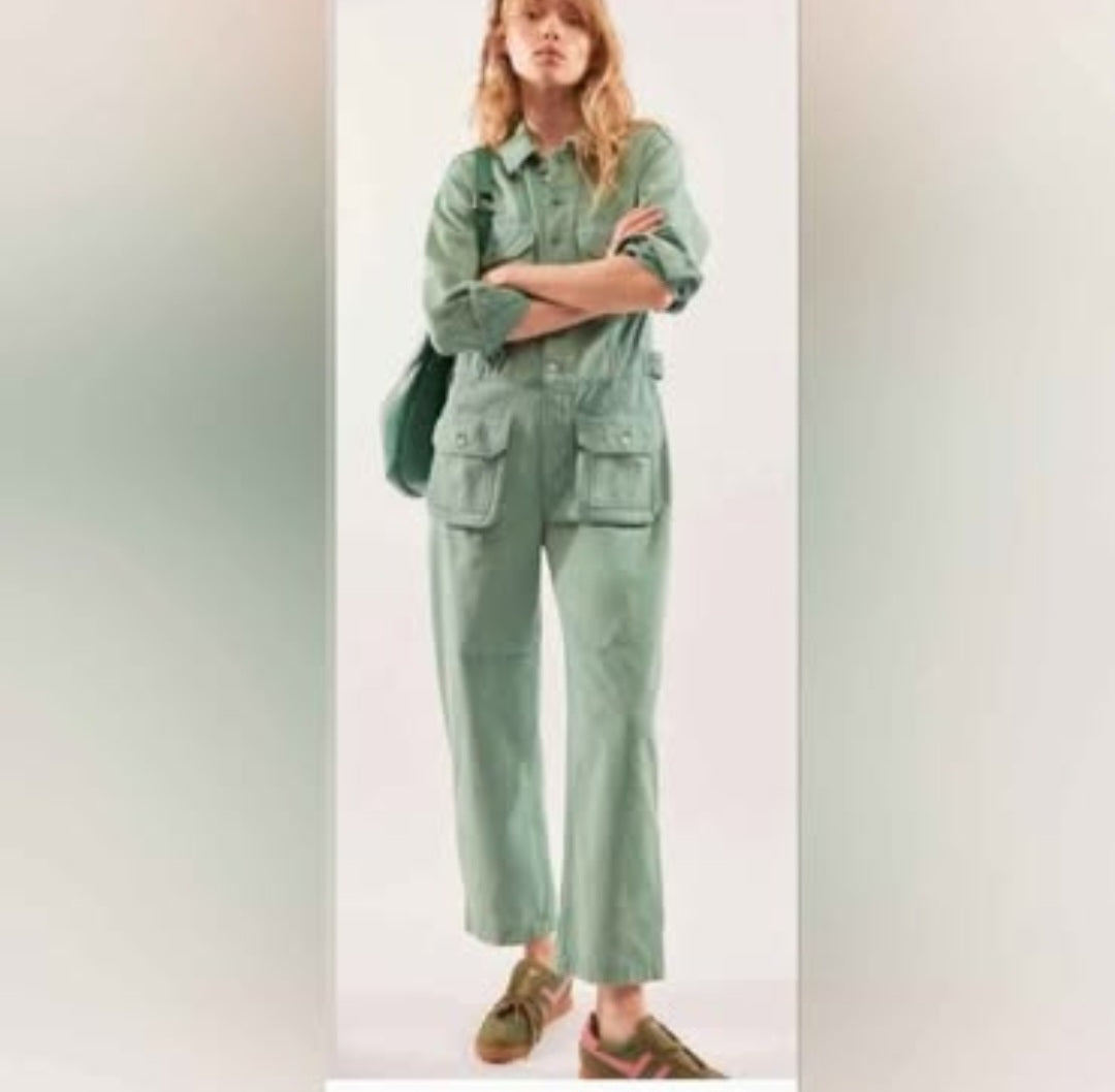 P-Free People Sandwashed Green Denim Jumpsuit Sz M