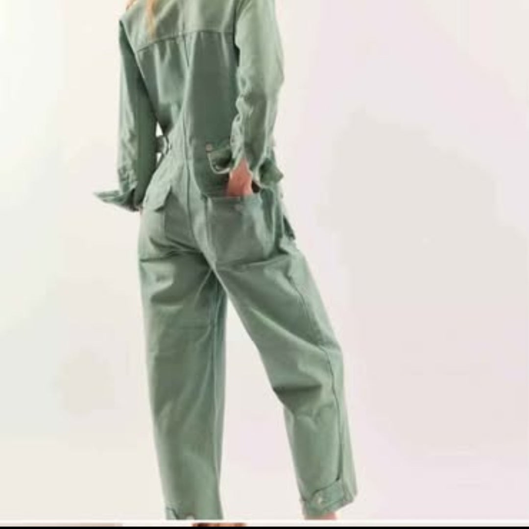 P-Free People Sandwashed  Green Denim Jumpsuit Sz M