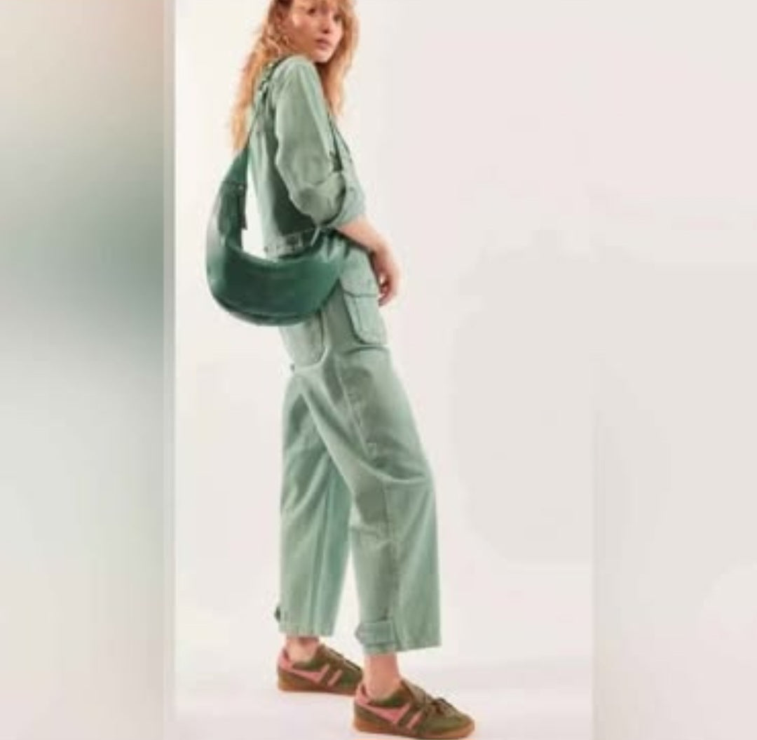 P-Free People Sandwashed  Green Denim Jumpsuit Sz M