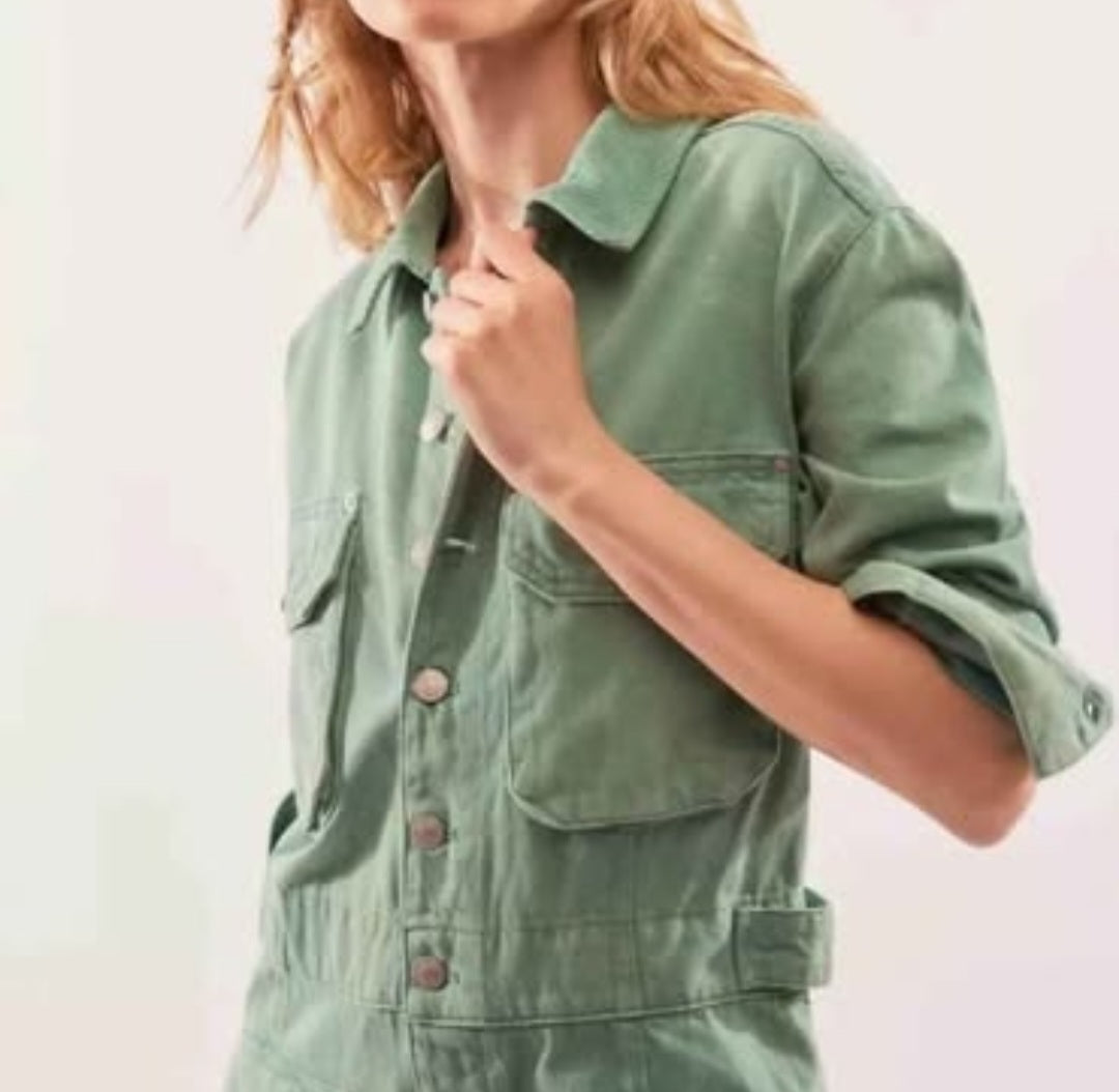 P-Free People Sandwashed  Green Denim Jumpsuit Sz M