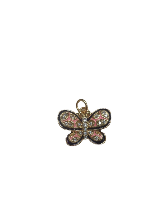 Butterfly Charm Gold,Pink,Black Enamel and Rhinestone